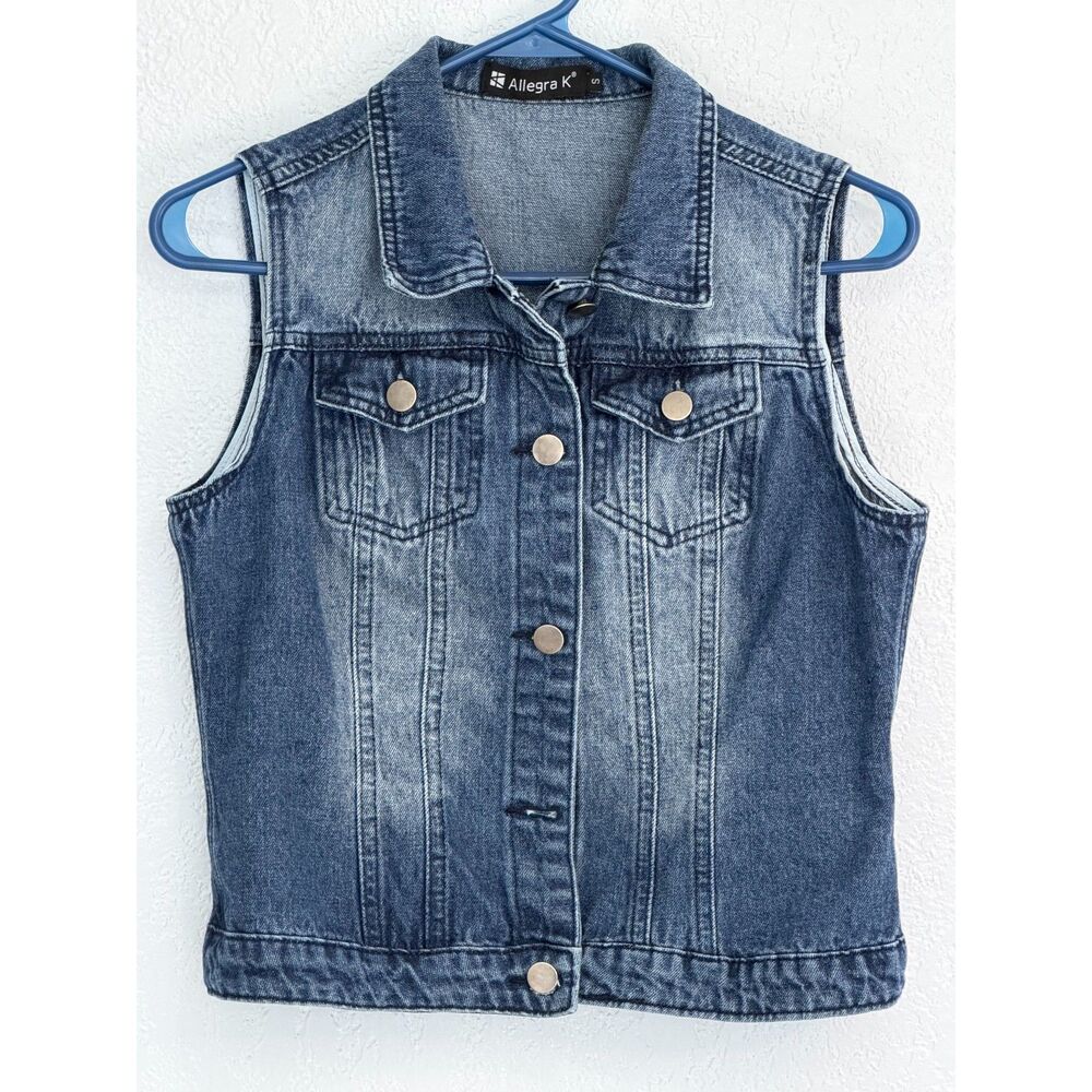 Allegra K Denim Vest Womens Small Blue Jean Jacket Sleeveless Snap Front Y2K